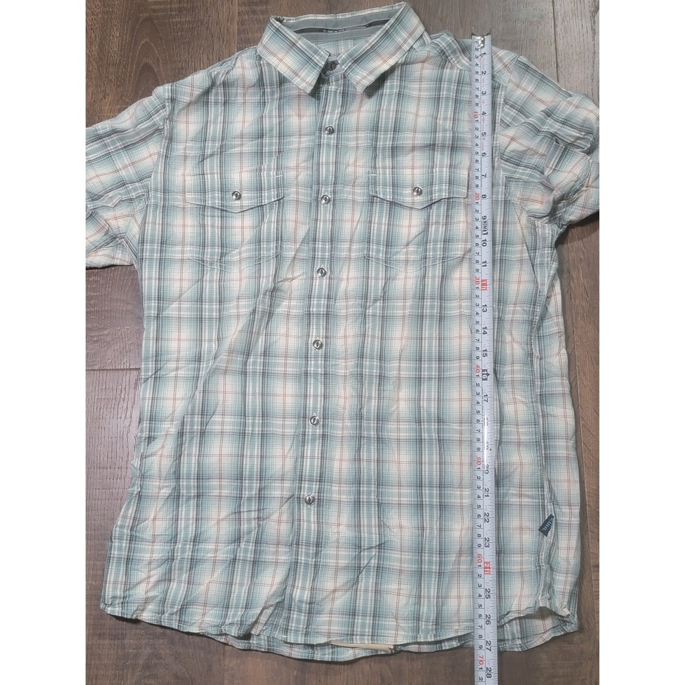Kuhl Mens Medium Short Sleeve Button Down Shirt Plaid Cotton Linen Blue Orange